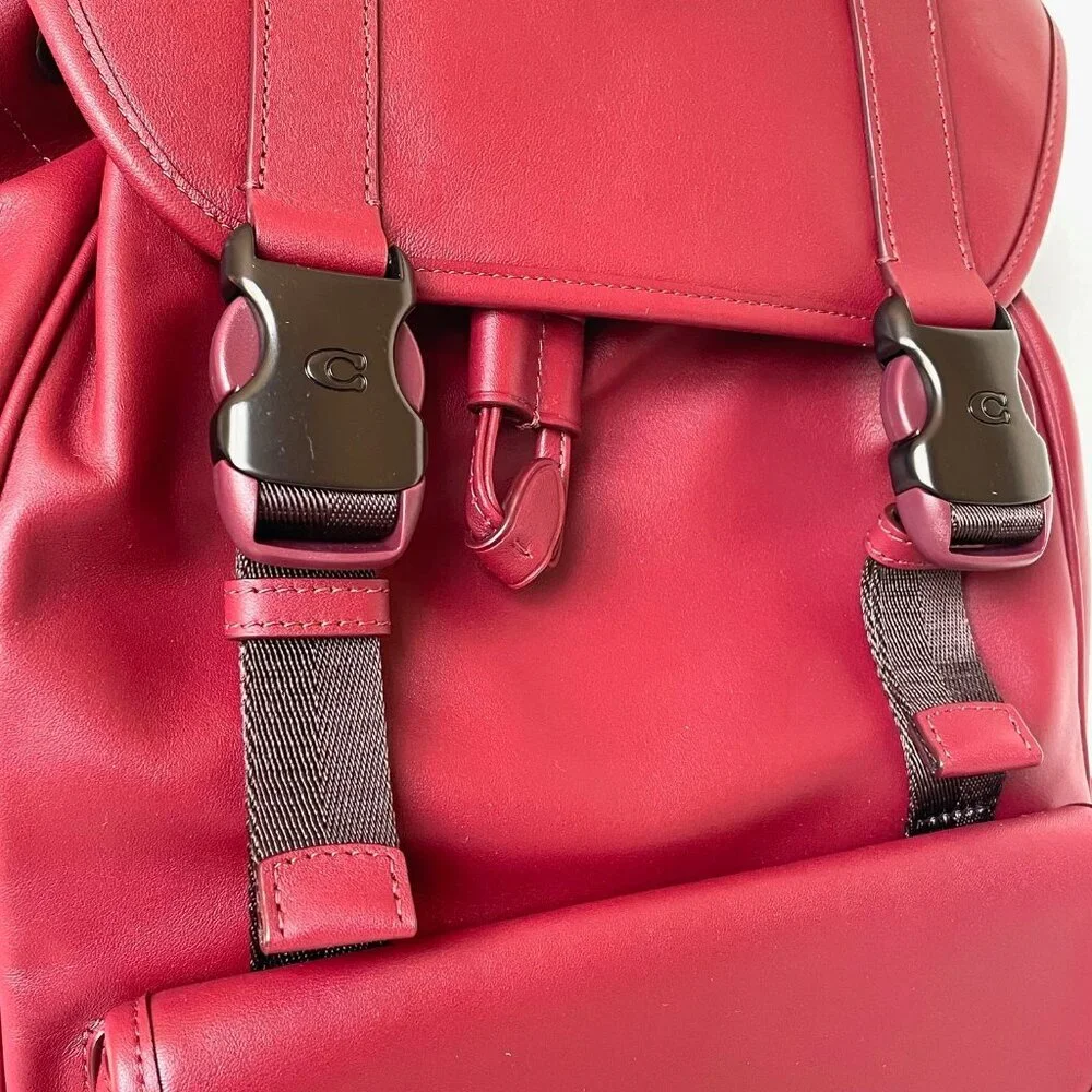 Coach League Flap Backpack Dark Ruby Leather Laptop Bag Mens